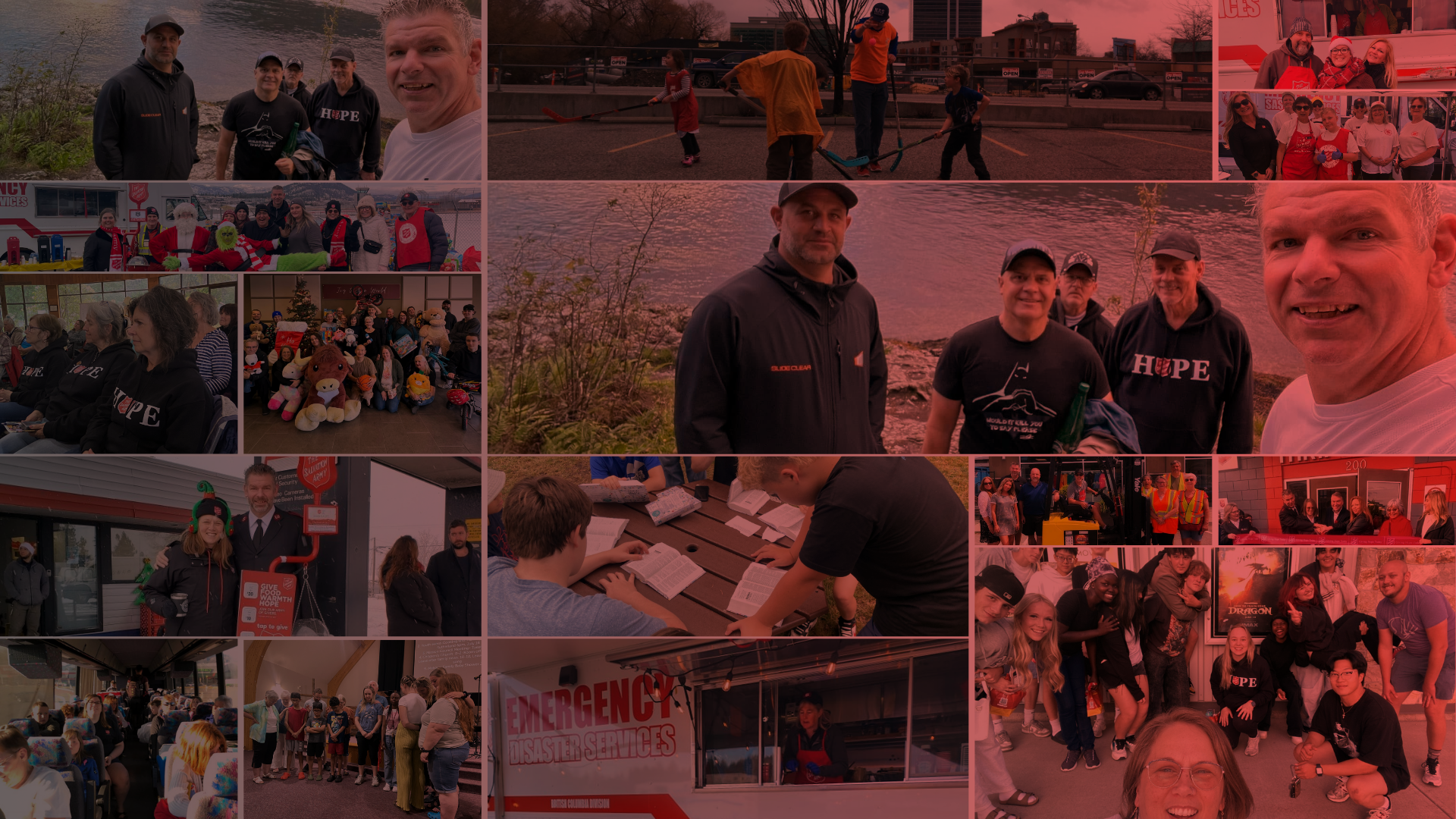 Collage of photos showing community activities, including groups gathered outdoors near a lake, children playing sports, people sorting items at tables, volunteers assisting at an emergency services vehicle, and group photos in various indoor and outdoor settings.